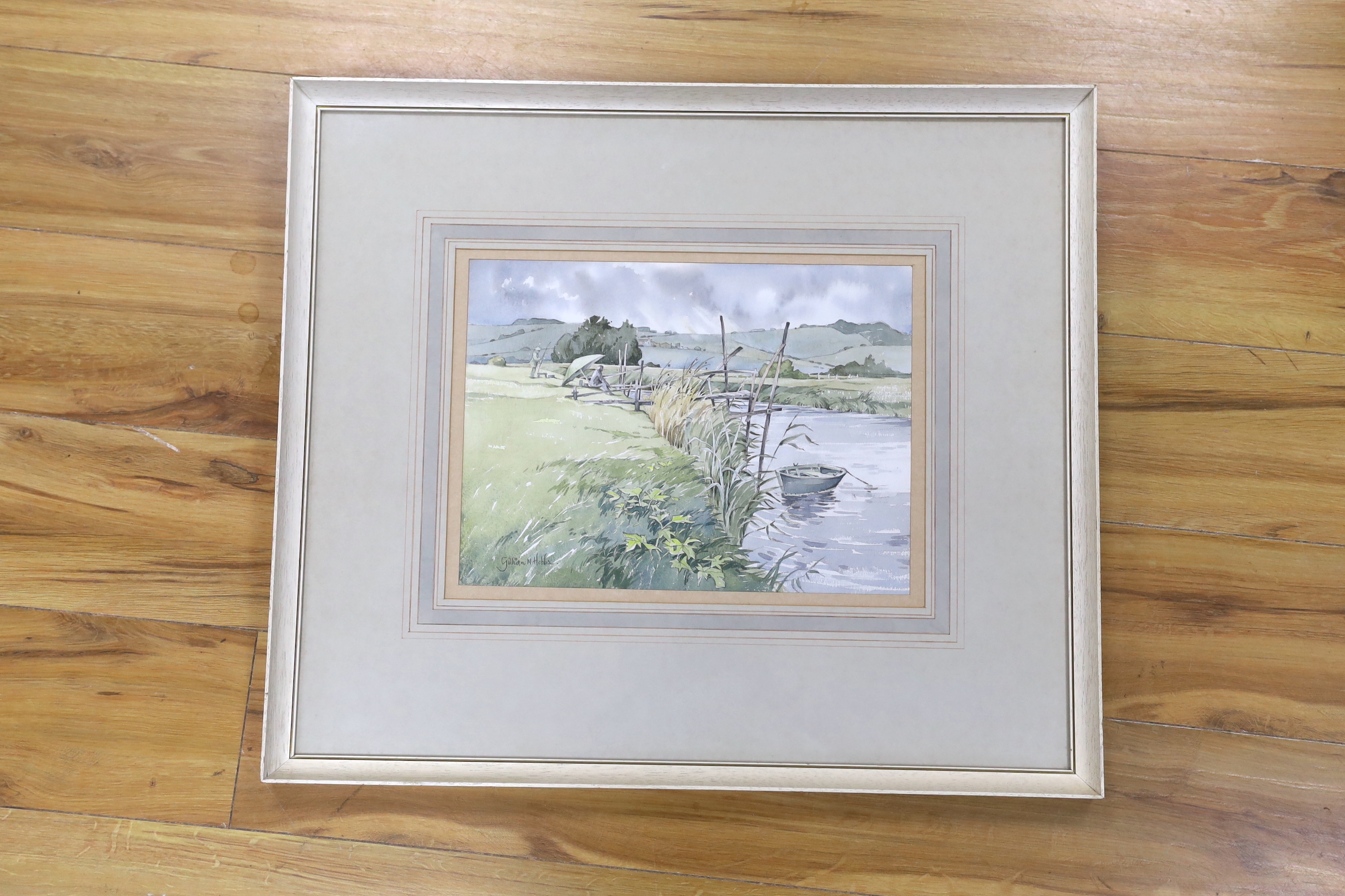 Gillian M Hobbs (20th. C), watercolour, Angler on a river bank, signed, 27 x 37cm